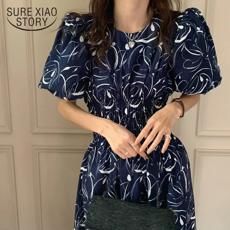 Chic Summer Printing Maxi Dress Casual Vintage Elastic Waist Dress for Women Lantern Sleeve Women's Clothing 14901 Fashionable High-Low Maxi Dress