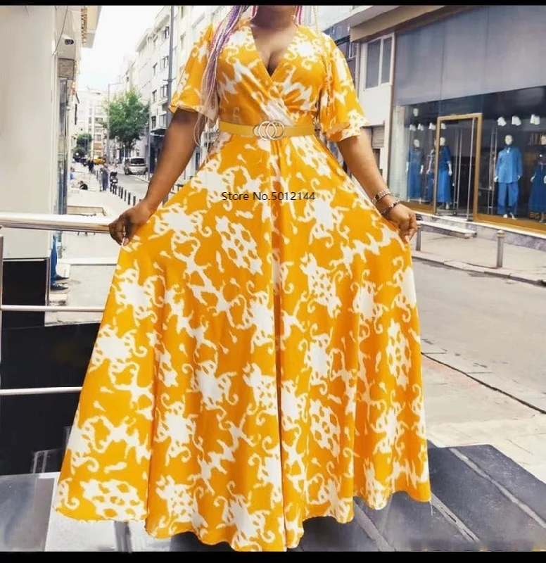 Chiffon Maxi Dress for Women Summer 2023 Elegant Ethnic Print V Neck Ruffle Short Sleeve Empire Swing African Clothing Stylish Maxi Dress with Frills Chiffon Maxi Dress for Women Summer 2023 Elegant Ethnic Print V Neck Ruffle Short Sleeve Empire Swing African Clothing Stylish Maxi Dress with Frills