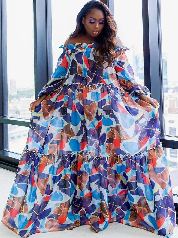 Chiffon Off Shoulder Geometric Maxi Dresses Elegant Maxi Dress with Pockets