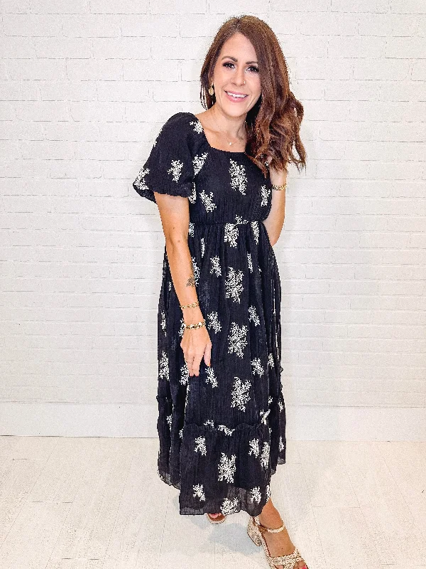 Cinnamon Lane Embroidered Bubble Sleeve Maxi Dress Elegant Velvet Maxi Dress