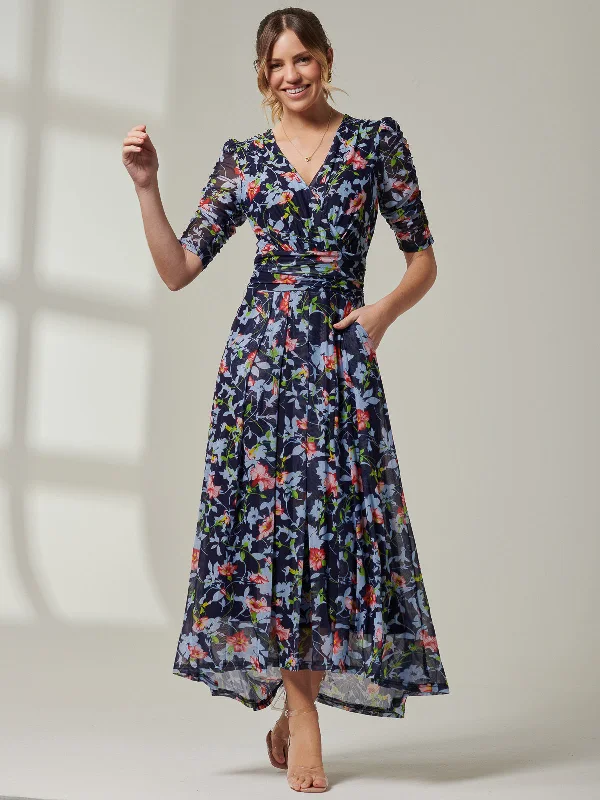 Gavina Ruched Sleeve Mesh Maxi Dress, Navy Floral Casual Maxi Dress with Pockets