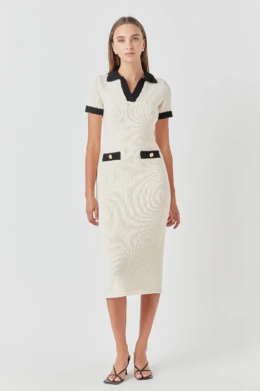Crochet Knit Collared Maxi Dress Cozy Longline Maxi Dress