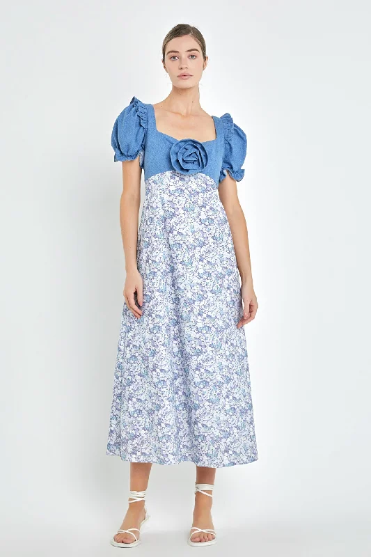 Denim Combo Floral Print Maxi Dress Elegant Maxi Dress with Belt