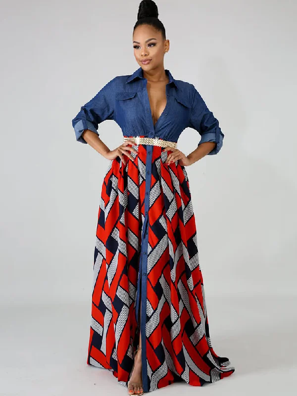 Denim Long Sleeve Plaid Patchwork Maxi Dresses Classic A-Line Maxi Dress