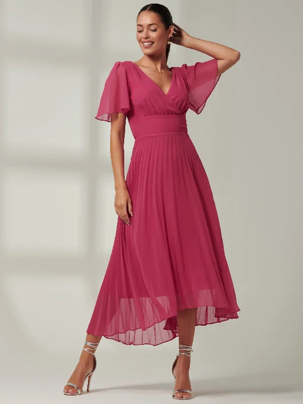 Elene Pleated High Low Chiffon Maxi Dress, Fuchsia Pink Elegant Pleated Maxi Dress