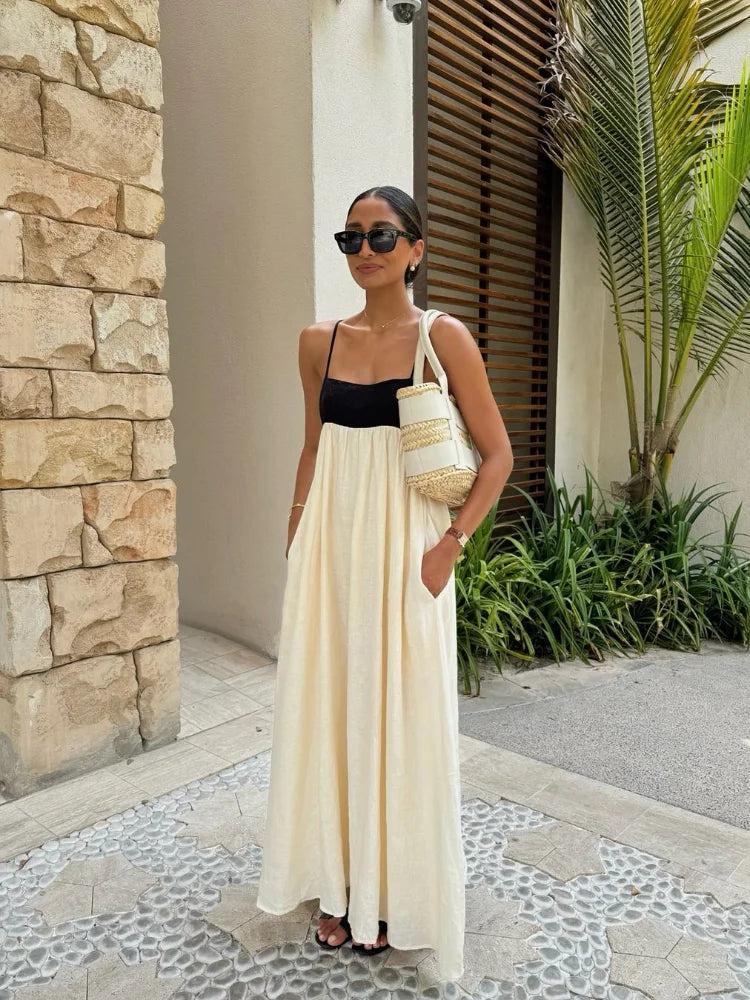 Fashion Contrasting Color Hollow Out Sling Maxi Dress Women Sexy Sleeveless Backless Loose Dresses 2024 Lady Casual Streetwear Classic Strapless Maxi Dress Fashion Contrasting Color Hollow Out Sling Maxi Dress Women Sexy Sleeveless Backless Loose Dresses 2024 Lady Casual Streetwear Classic Strapless Maxi Dress