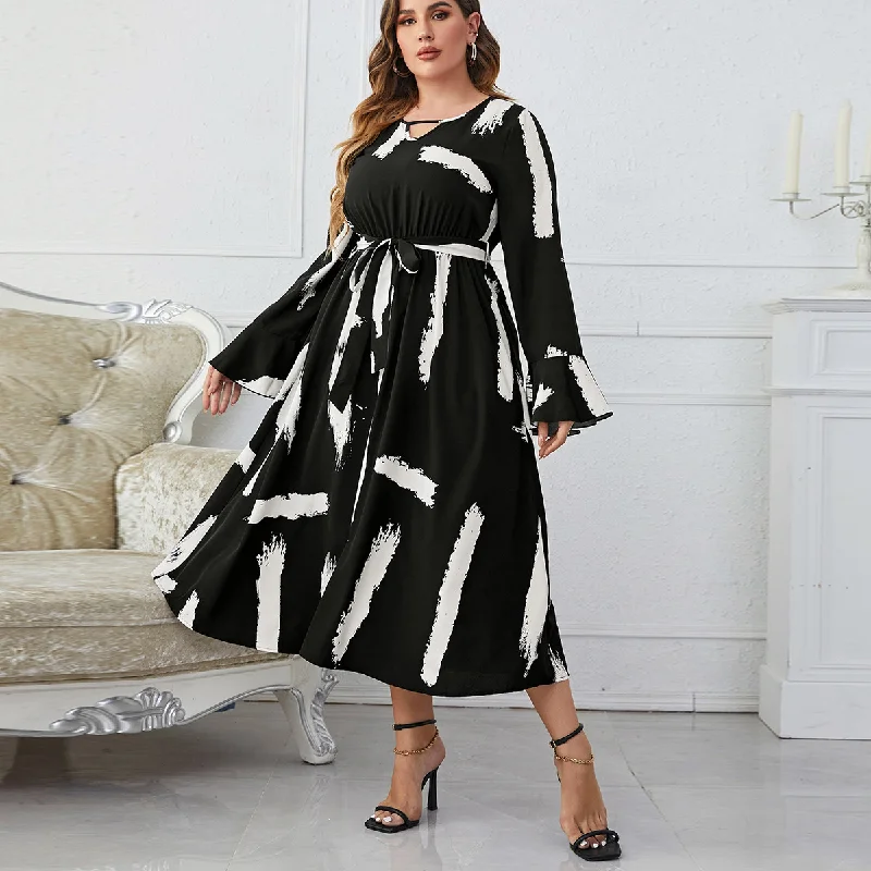 Fashion Women Casual Elegant Long Sleeved Black And White Printing Maxi Dress Stylish Boho Chic Maxi Dress Fashion Women Casual Elegant Long Sleeved Black And White Printing Maxi Dress Stylish Boho Chic Maxi Dress
