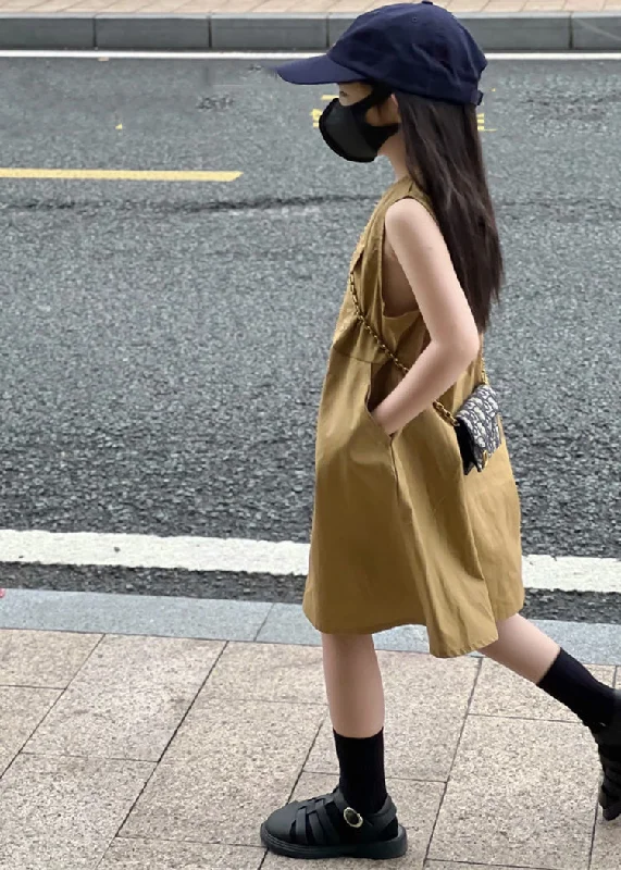 Fine Khaki Patchwork Solid Cotton Kids Maxi Dress Sleeveless Trendy Button Front Maxi Dress