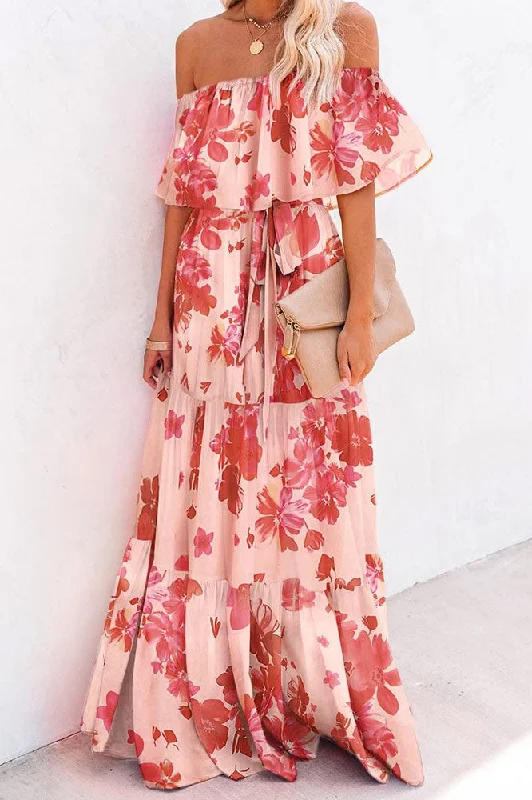 Floral Off-the-Shoulder Chiffon Maxi Dress Stylish Long Sleeve Maxi Dress