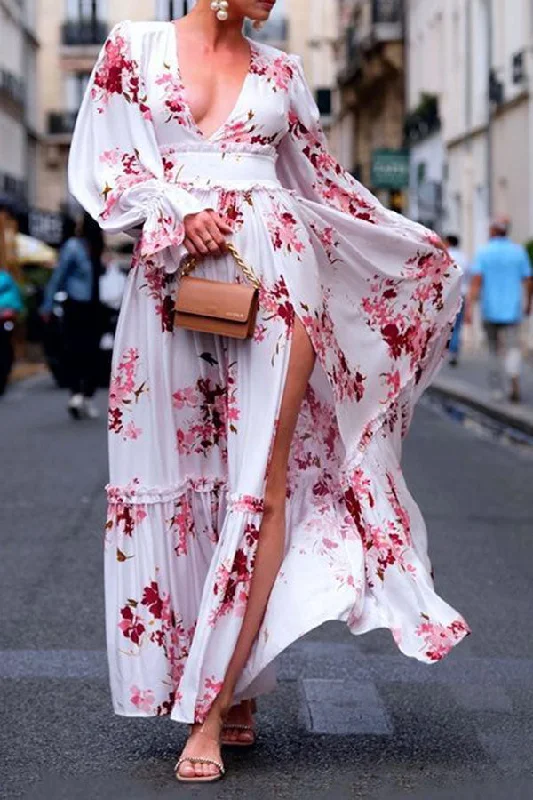 storexq Floral Print Pretty High Slipt Maxi Dress Cozy Maxi Dress with Slit