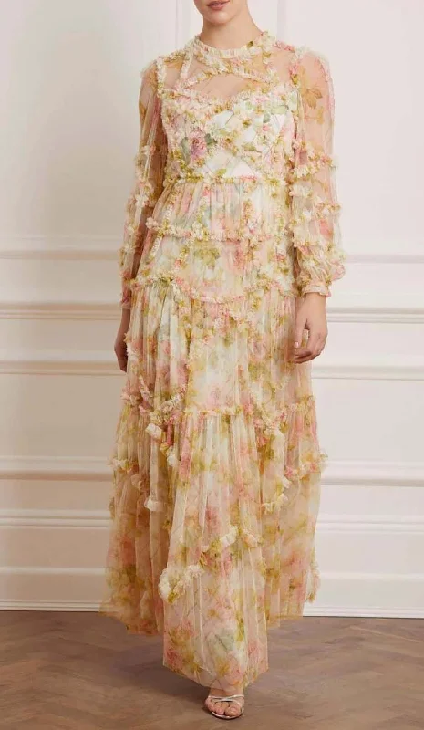 FLORAL-PRINT RUFFLED MAXI DRESS Trendy Off-Shoulder Ruffle Maxi Dress