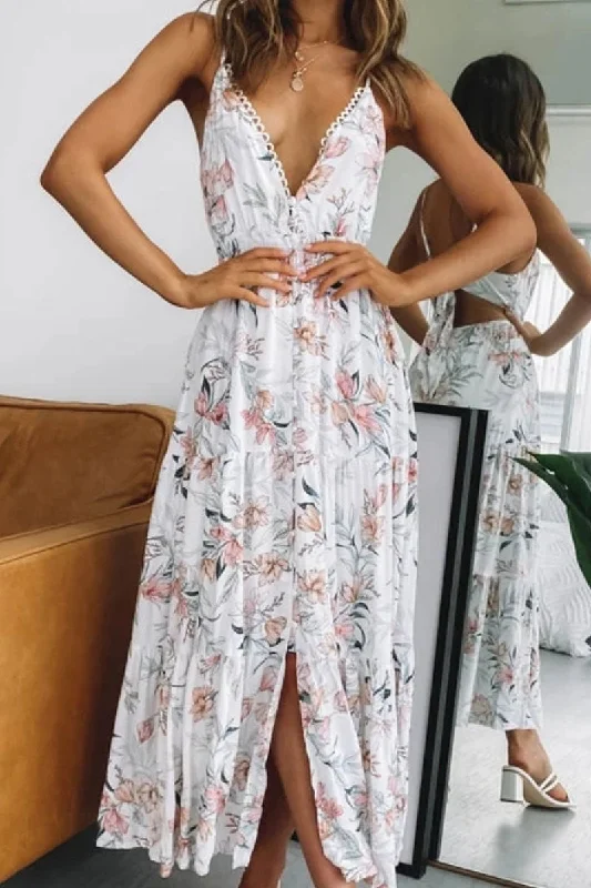 Floral V-neck Knot Back Slit Maxi Dress Stylish V-Neck Maxi Dress