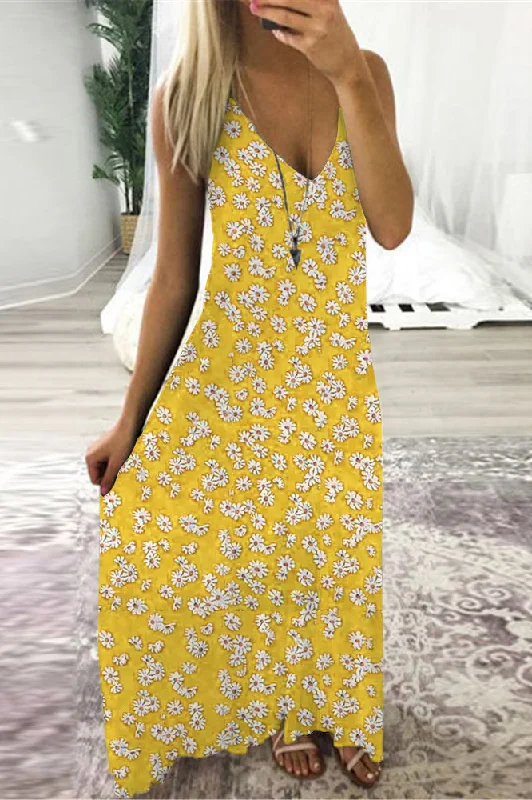 Floral V-neck Sleeveless Maxi Dress Comfortable Maxi Dress with Belt