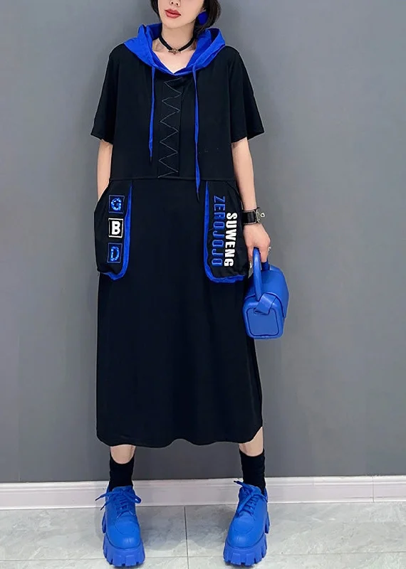 French Black Graphic Print Patchwork Vacation Hooded Maxi Dresses Short Sleeve Fashionable High-Waist Maxi Dress French Black Graphic Print Patchwork Vacation Hooded Maxi Dresses Short Sleeve Fashionable High-Waist Maxi Dress