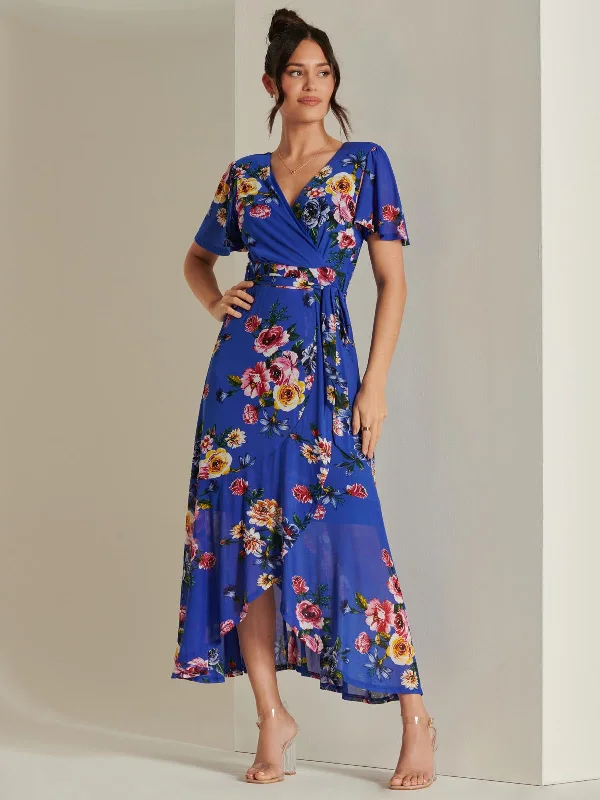 Frill Dip Hem Mesh Maxi Dress, Royal Floral Stylish Button-Up Maxi Dress