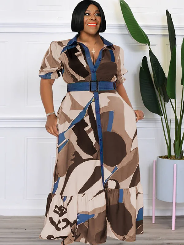 Geometric Short Puff Sleeve Button Maxi Dresses Comfortable Maxi Dress with Sleeves