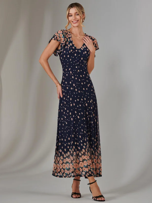 Gina Mirrored Print Mesh Maxi Dress, Navy Multi Stylish One-Shoulder Maxi Dress
