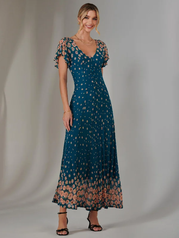 Gina Mirrored Print Mesh Maxi Dress, Teal Multi Cozy Maxi Dress with Slit