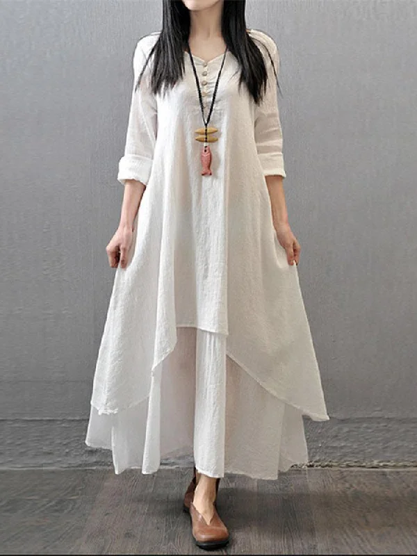 Gracila Vintage Women Long Sleeve V-Neck Irregular Maxi Dresses Cozy Maxi Dress with Slit Gracila Vintage Women Long Sleeve V-Neck Irregular Maxi Dresses Cozy Maxi Dress with Slit