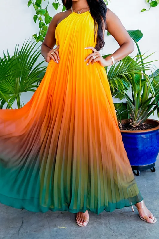 storexq Gradient Glamorous Pleated Backless Maxi Dress Stylish Maxi Dress with Frills storexq Gradient Glamorous Pleated Backless Maxi Dress Stylish Maxi Dress with Frills