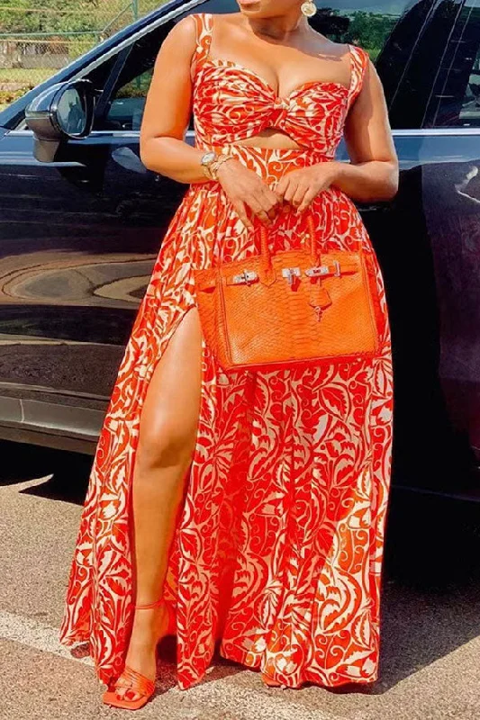 storexq Graphic Print On-trend High Slipt Maxi Dress Elegant Boho Maxi Dress