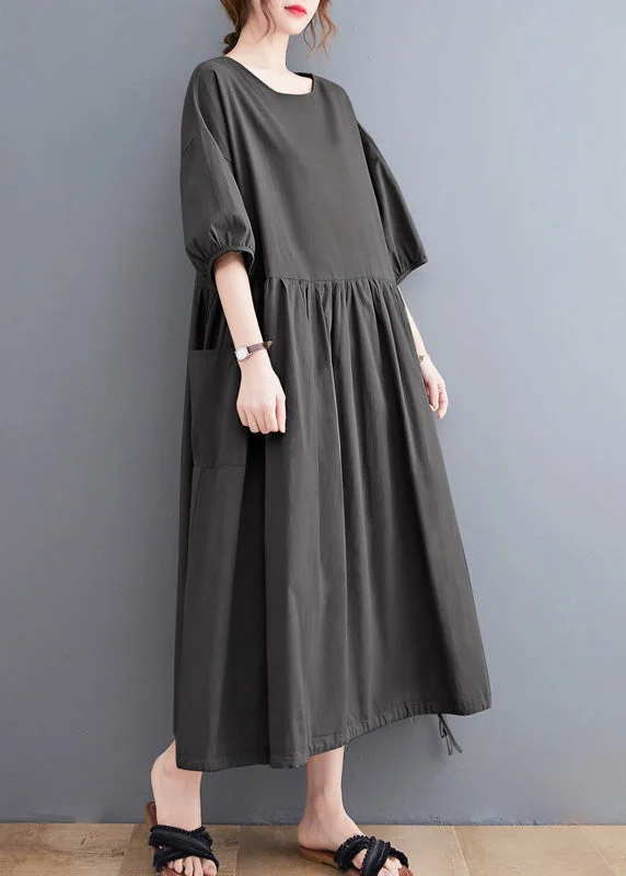 Grey O-Neck Solid Holiday Maxi Dress Short Sleeve Stylish Longline Maxi Dress