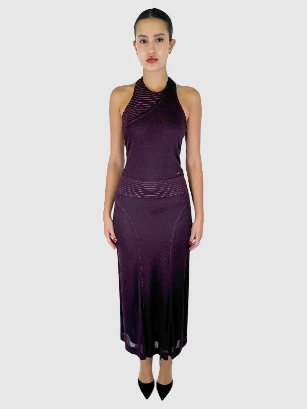 Halter Neck Contrast Stitch Maxi Dress - Size 4 Stylish Button-Up Maxi Dress