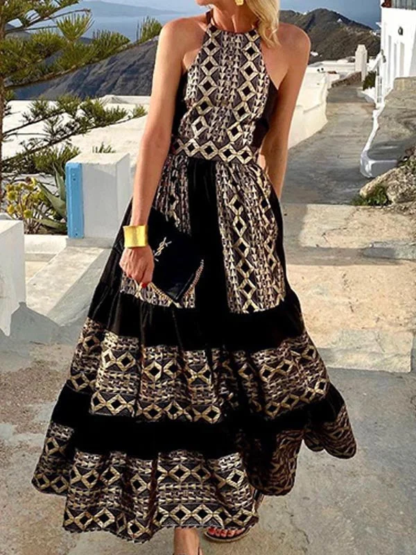 Halter Neck Sleeveless High Waist Maxi Dress Elegant Maxi Dress with Lace