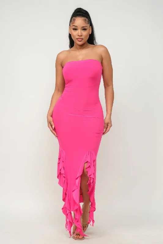 Solid Bottom Ruffle Trim Hem Slit Tube Maxi Dress Casual Maxi Dress with Pockets