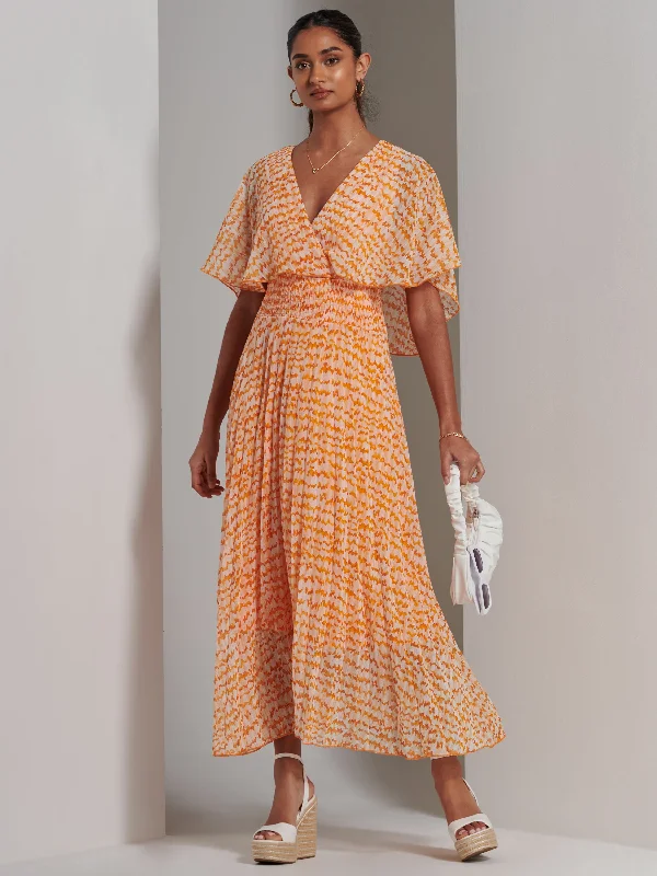Kyra Pleated Chiffon Maxi Dress, Orange Abstract Fashionable High-Waist Maxi Dress