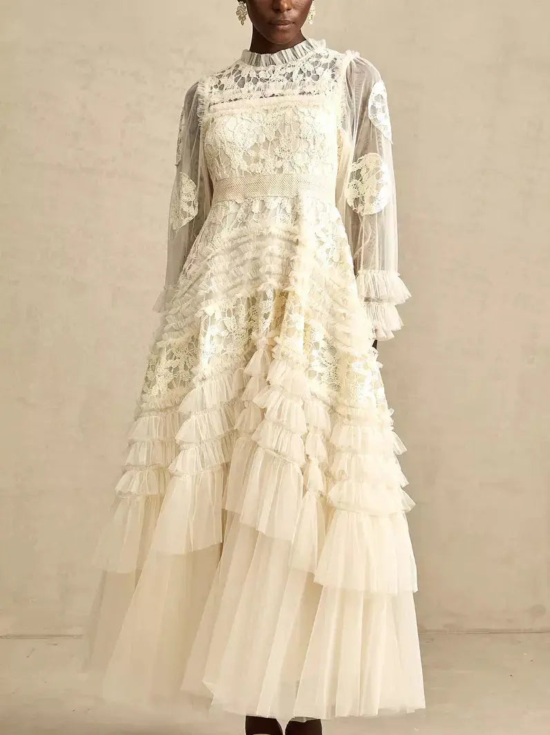 Lace-Embroidered Layered Tiered Maxi Dress Cozy Wrap Maxi Dress