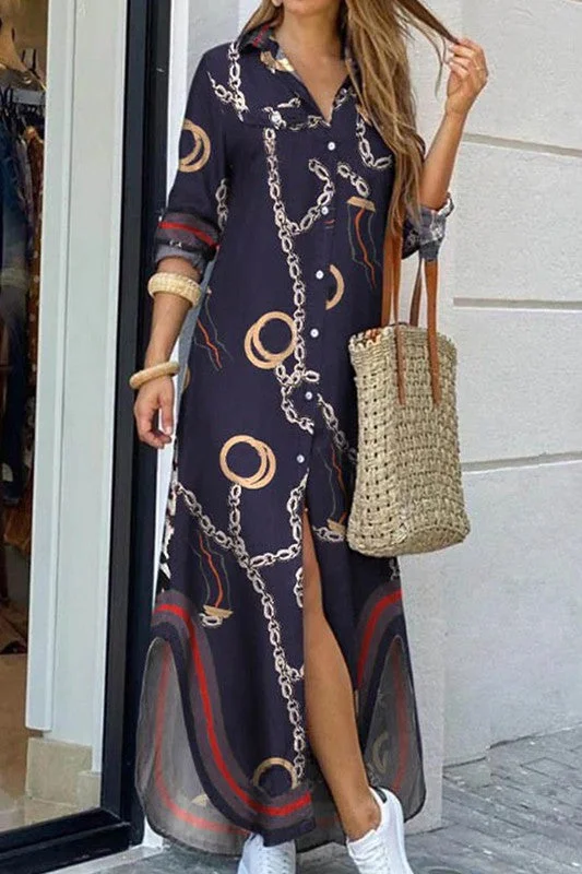 BUTTON DOWN CHAIN PRINTED MAXI DRESS Elegant Lace Maxi Dress