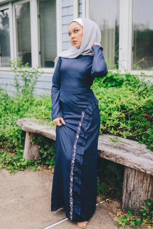 Lia Ruffle Maxi Dress- Navy Elegant Wraparound Maxi Dress