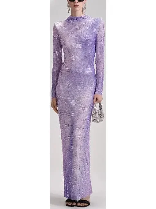 Lilac Contour Print Embellished Maxi Dress Elegant Maxi Dress with Drapes