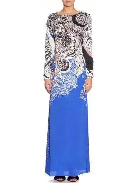 Lion Print Jersey Silk Maxi Dress Comfortable Long-Sleeve Maxi Dress