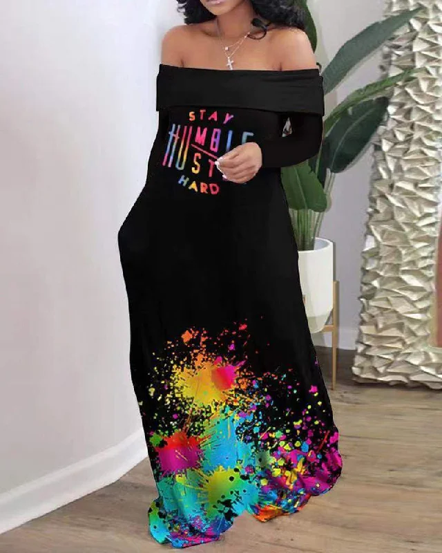Lip Letter Print Ink Splash Off Shoulder Maxi Dress Stylish Longline Maxi Dress