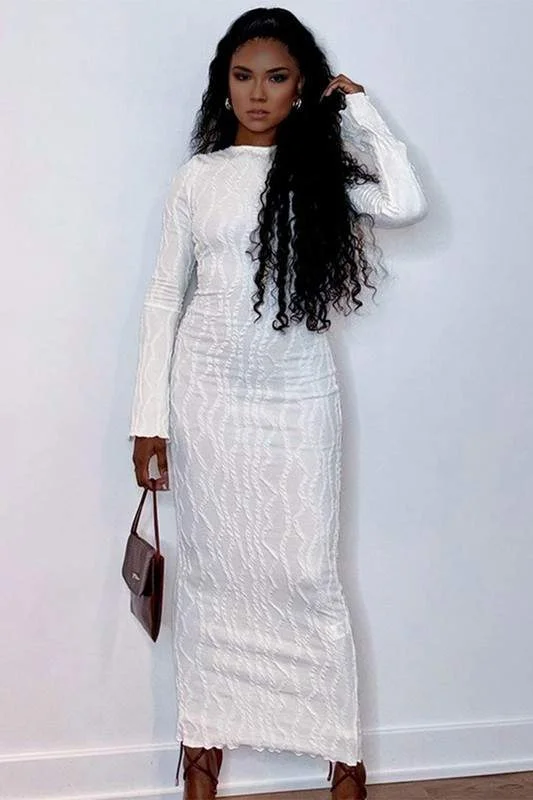 LONG SLEEVE FITTED MAXI DRESS Stylish Maxi Dress with Frills