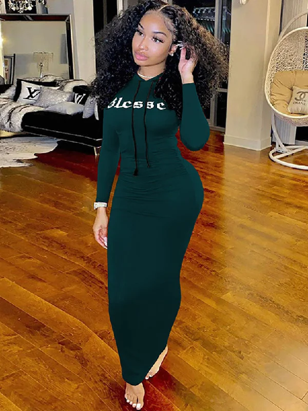 Long Sleeve Hooded Letter Print Maxi Dress Comfortable Fit-and-Flare Maxi Dress