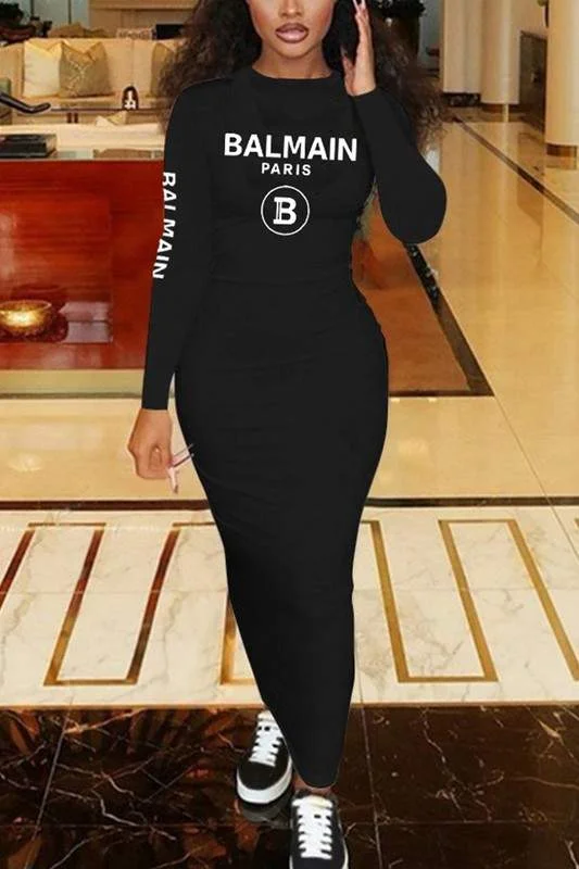LONG SLEEVE LETTER MAXI DRESS Trendy Button Front Maxi Dress