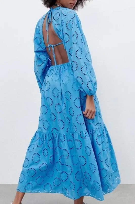 LONG SLEEVE MAXI DRESS WITH EYELET AND A TIED Stylish Boho Maxi Dress
