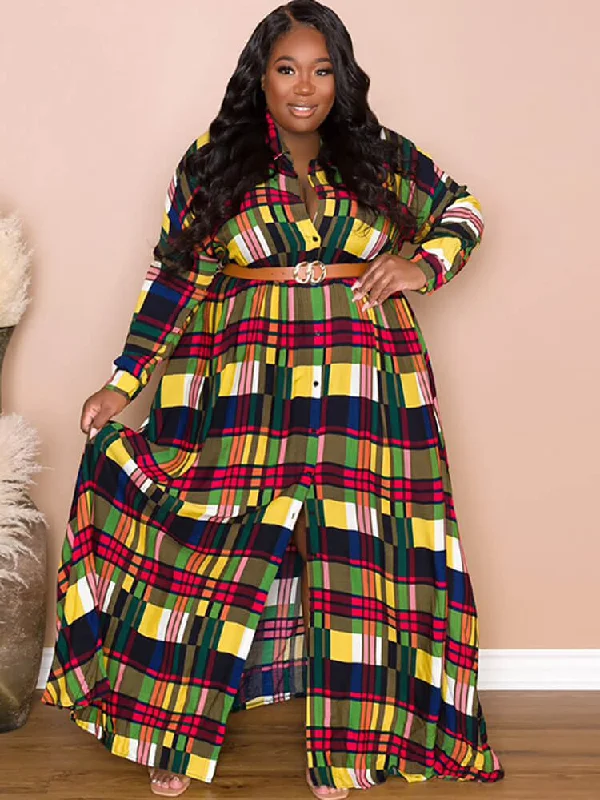 Long Sleeve Plaid Print Bodycon Maxi Dresses Fashionable High-Waist Maxi Dress