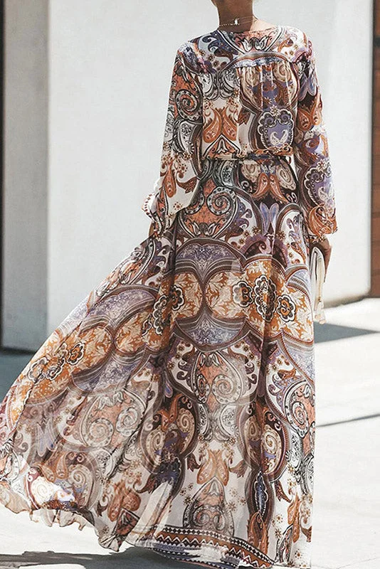 Long Sleeve Print V-Neck Maxi Dress Elegant Maxi Dress with Belt