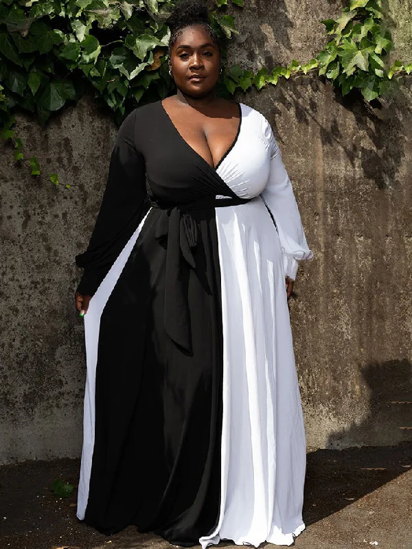 Long Sleeve V Neck Patchwork Maxi Dresses Comfortable Plunging Neckline Maxi Dress