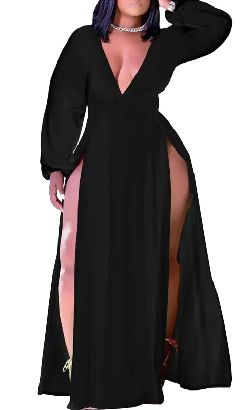 Long Sleeve V Neck Split Maxi Dress Cozy Ruffle Sleeve Maxi Dress