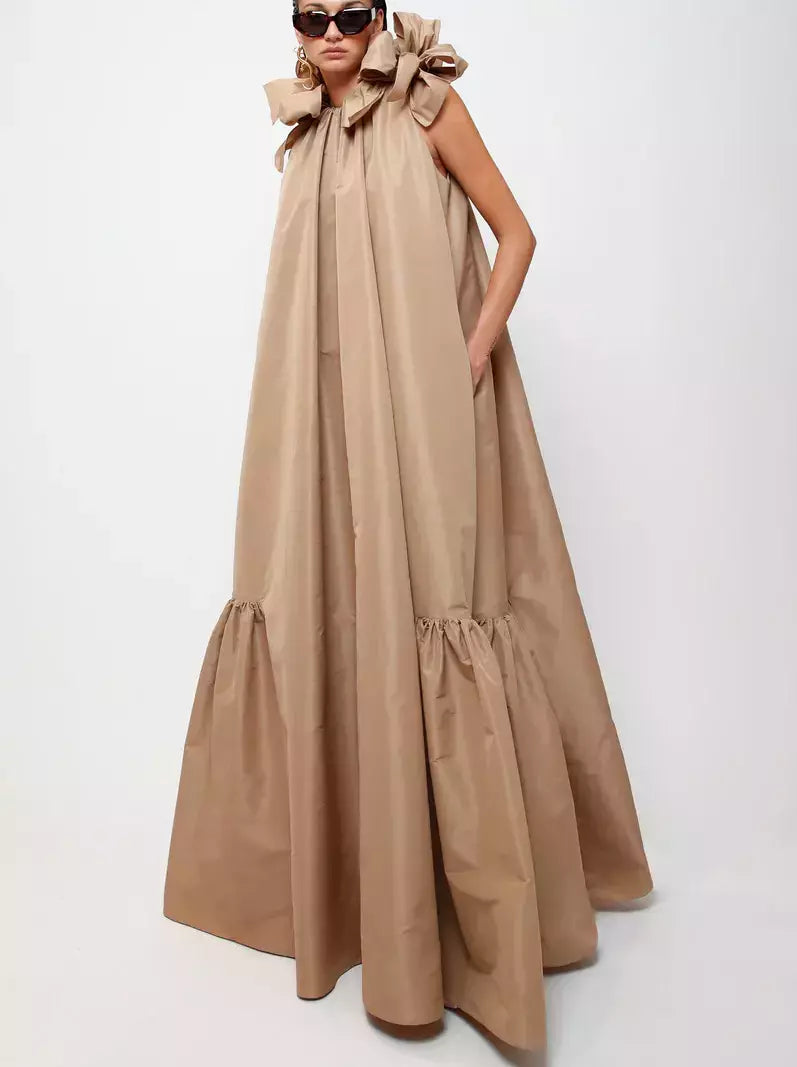 Long Taffeta Maxi Dress with Bows Stylish Pleated A-Line Maxi Dress