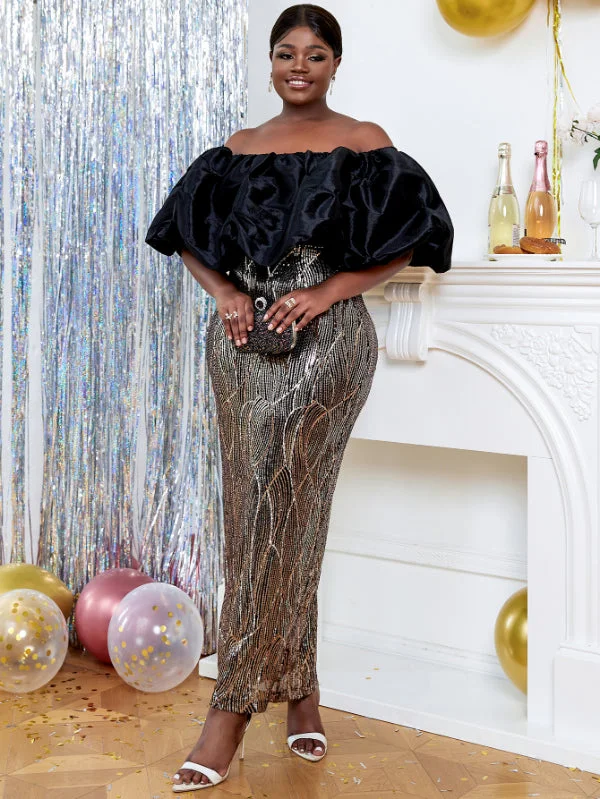 AOMEI Plus Size Sequin Patchwork Strapless Maxi Dress Comfortable T-Shirt Maxi Dress