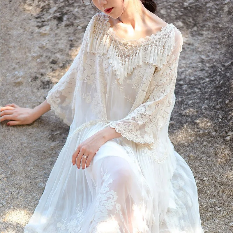 Luxury Embroidered Lace White Boho Beach Summer Dress Fringe Tassel Novelty Loose Long Maxi Dresses for Women 2022 Lined Comfortable Maxi Dress with Sleeves Luxury Embroidered Lace White Boho Beach Summer Dress Fringe Tassel Novelty Loose Long Maxi Dresses for Women 2022 Lined Comfortable Maxi Dress with Sleeves