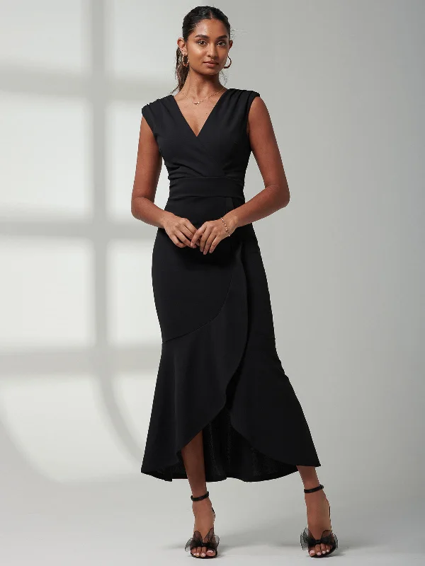 Mabruka Frill Fishtail Maxi Dress, Black Cozy Open-Back Maxi Dress