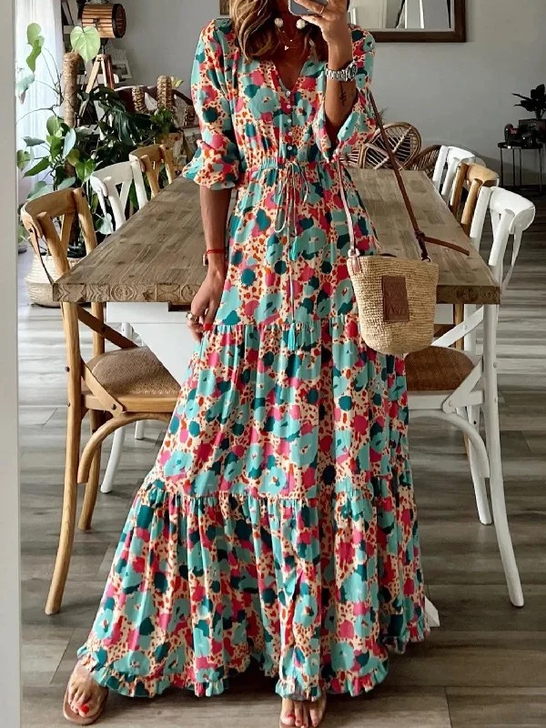 MeiMei Button Up Ruffle Hem Tiered Maxi Dress Fashionable Open-Back Maxi Dress