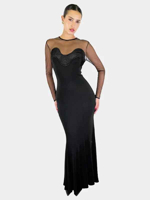 Mesh Sleeve Maxi Dress - Size S Elegant Maxi Dress with Belt